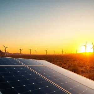 Solar panels and wind turbines in the Arizona desert during sunset