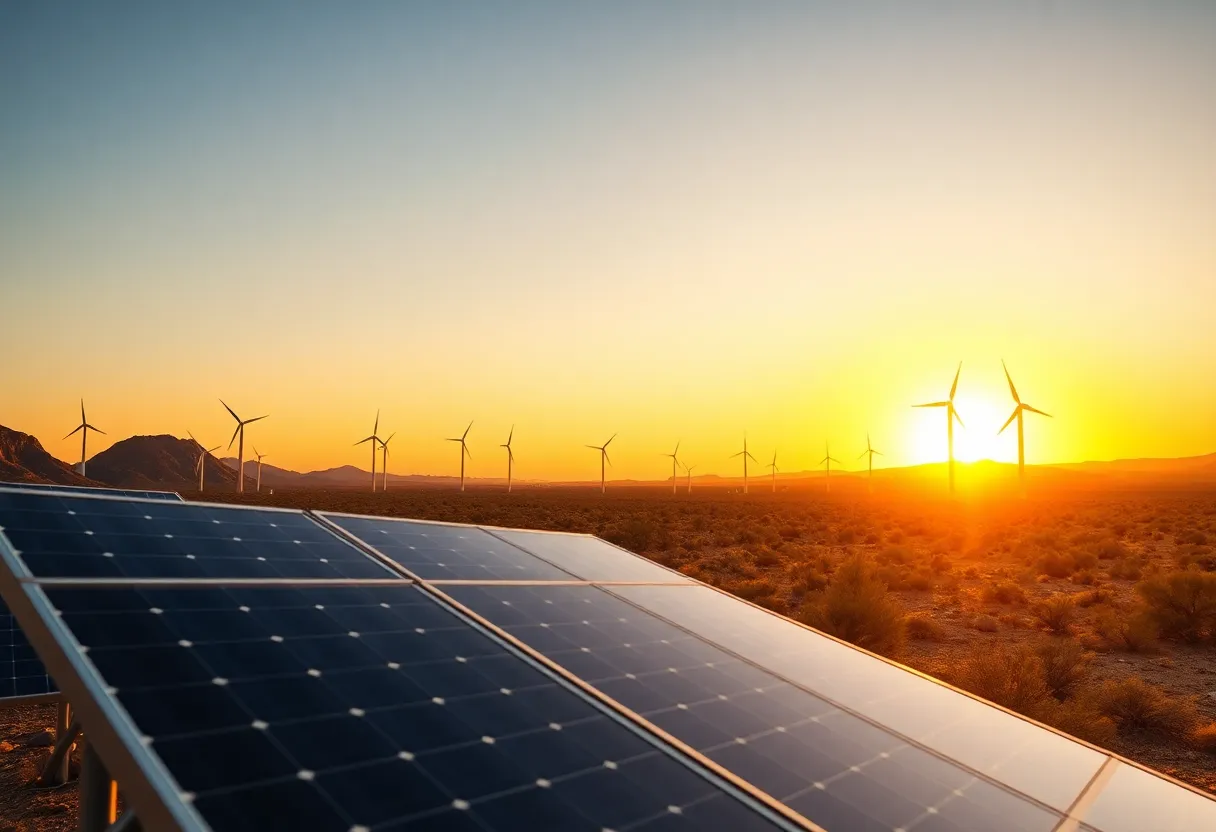 Solar panels and wind turbines in the Arizona desert during sunset