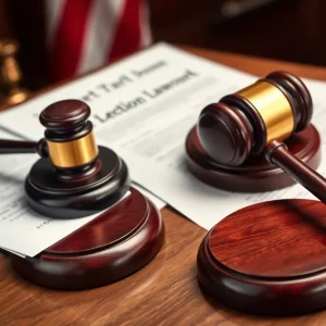 A gavel, legal papers, and an American flag representing the Arizona election case