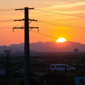 Electrical utility infrastructure in Arizona at sunset