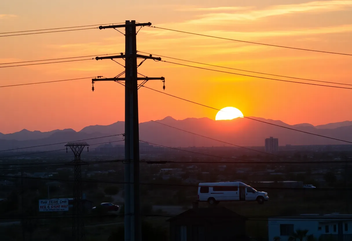 Electrical utility infrastructure in Arizona at sunset