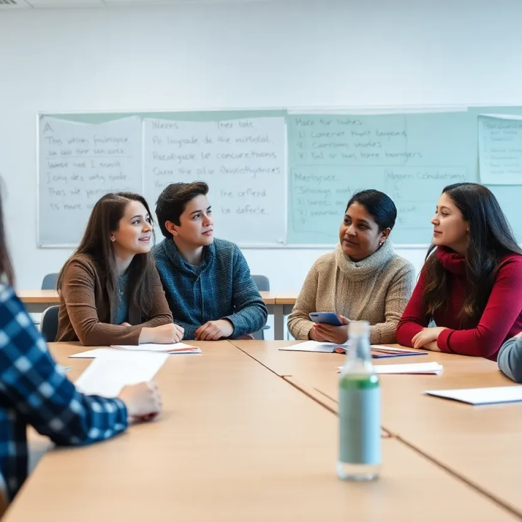 Parents discussing educational policy changes in a school meeting.