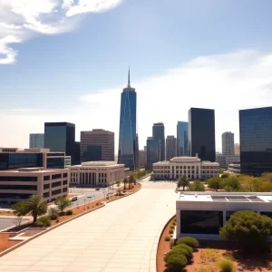 Representation of Arizona Fortune 500 companies with city skyline.