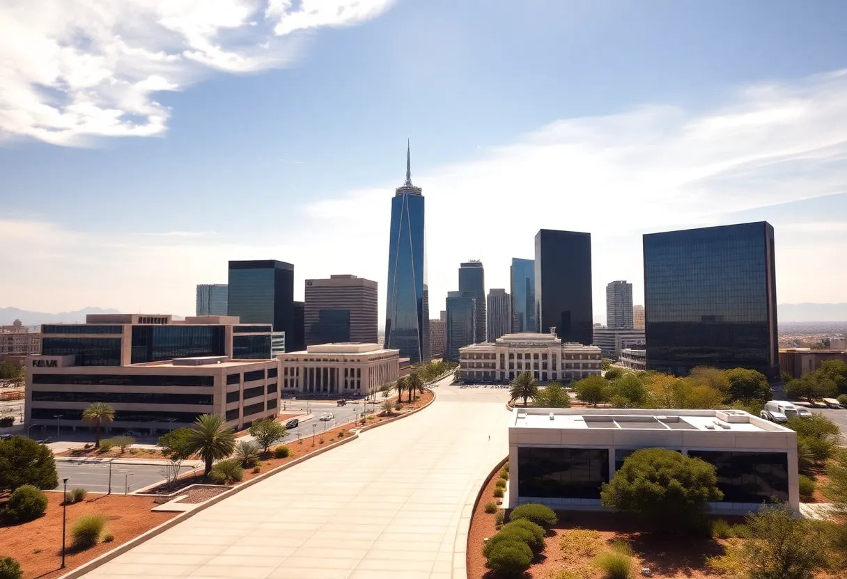 Representation of Arizona Fortune 500 companies with city skyline.