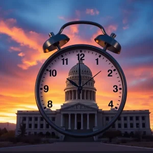 Arizona state government building at sunset with a ticking clock