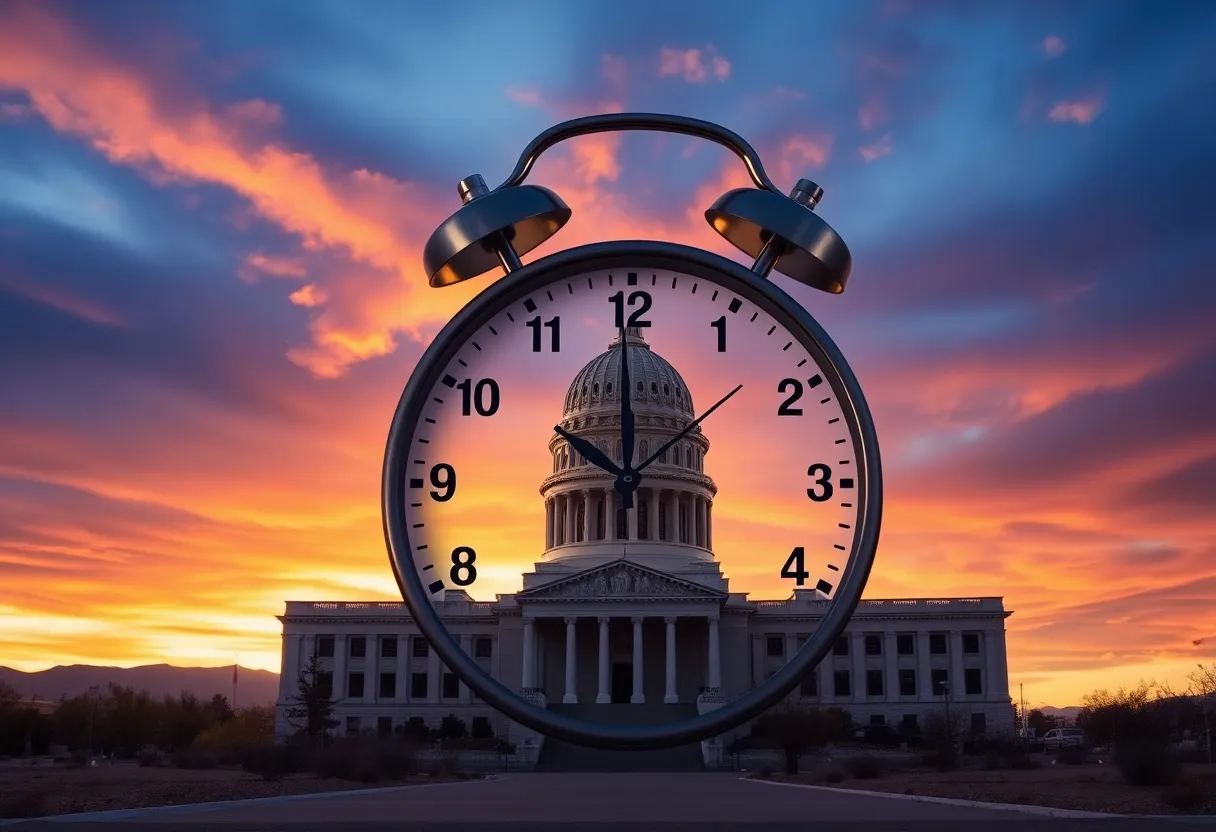 Arizona state government building at sunset with a ticking clock