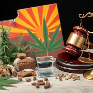 Hemp plants with legal symbols representing the Arizona hemp regulations conflict.