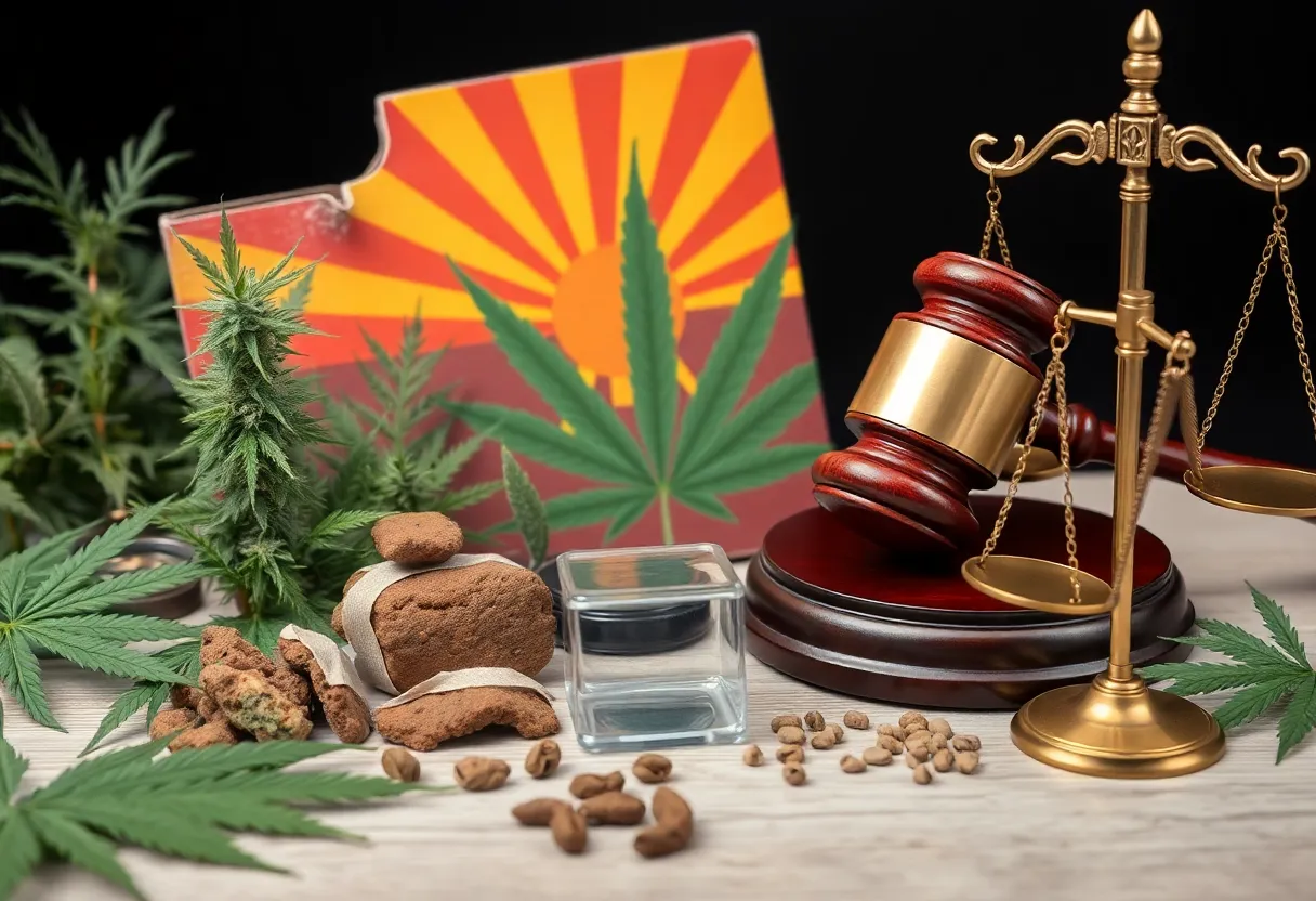 Hemp plants with legal symbols representing the Arizona hemp regulations conflict.