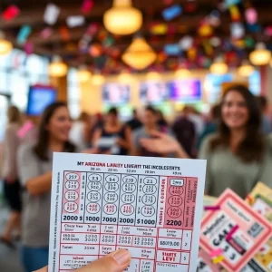 Celebration of Arizona lottery winners with colorful tickets