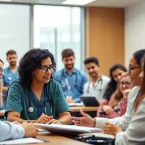 Students in a modern medical classroom at the University of Arizona