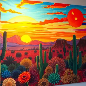 Art representing the Arizona poetry scene with cacti and sunsets.