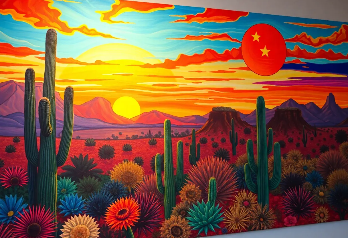 Art representing the Arizona poetry scene with cacti and sunsets.
