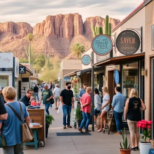 A vibrant scene of Arizona small businesses with local shops and entrepreneurs.