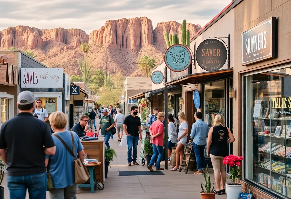 A vibrant scene of Arizona small businesses with local shops and entrepreneurs.