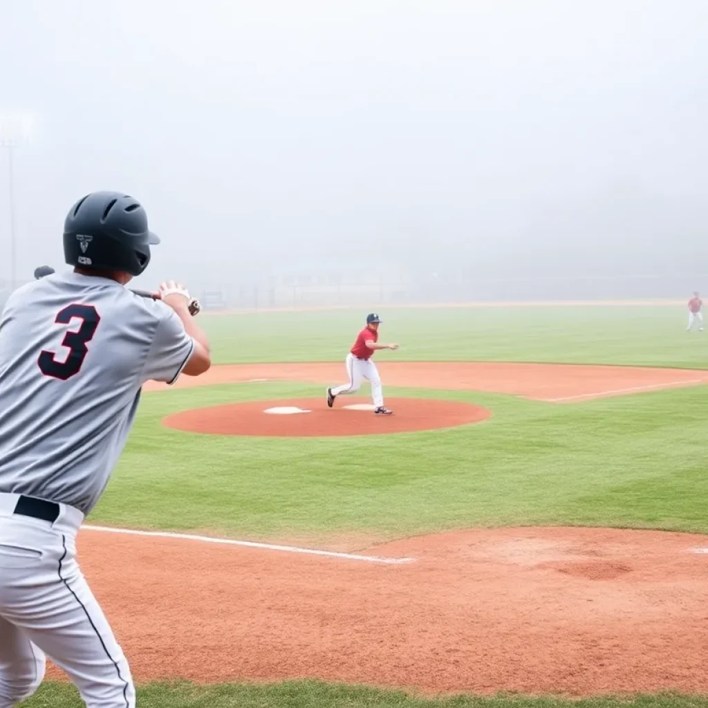 Arizona State baseball team playing during a game under foggy conditions.