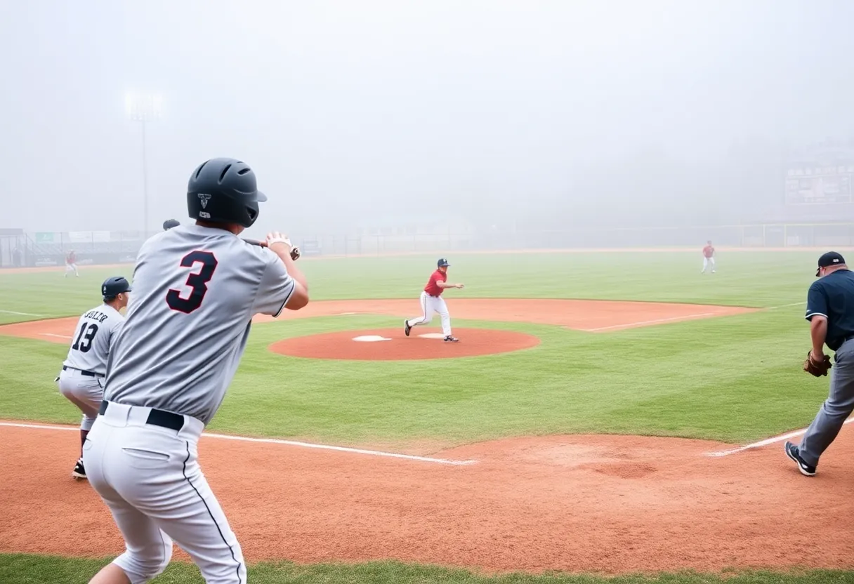 Arizona State baseball team playing during a game under foggy conditions.