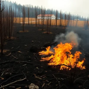 Landscape of a wildfire-damaged area in Arizona with smoke and firefighters