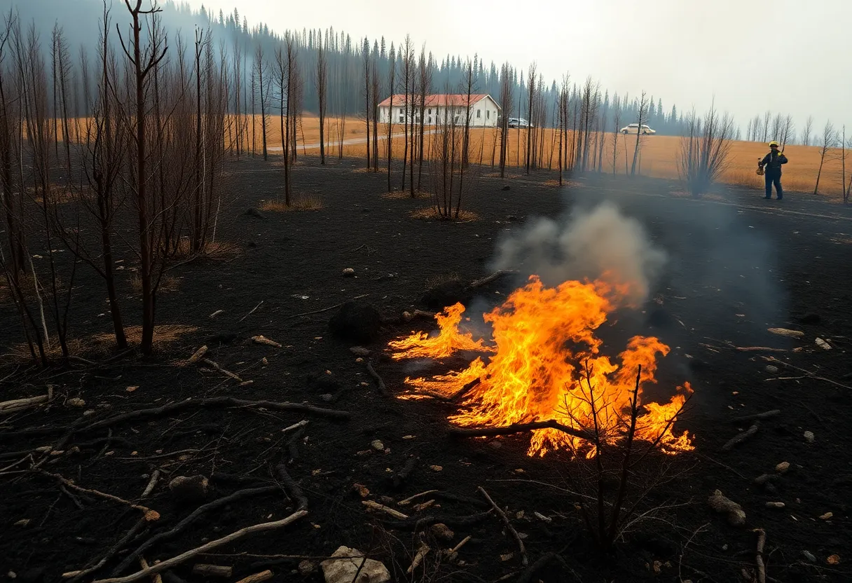 Landscape of a wildfire-damaged area in Arizona with smoke and firefighters