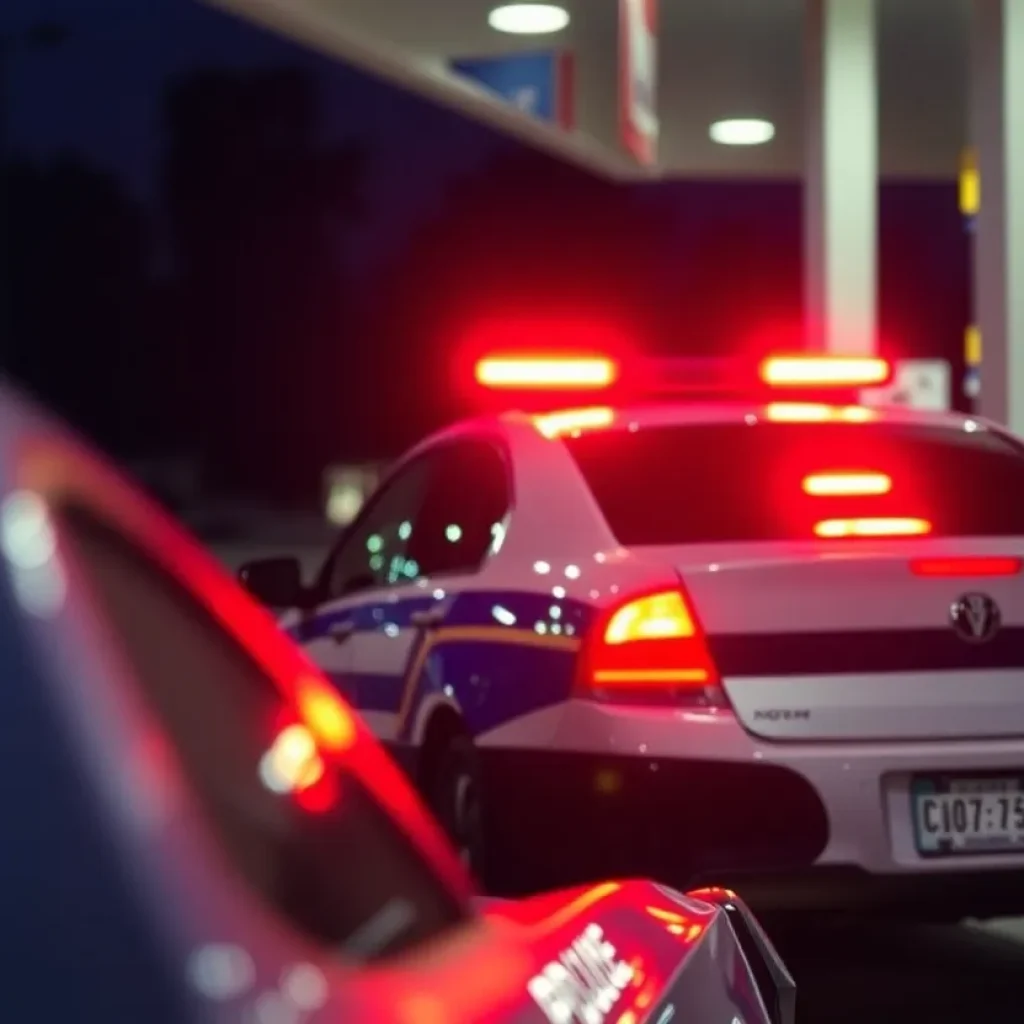Police vehicle at gas station following armed robbery arrest