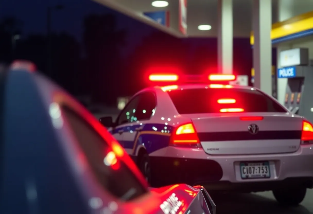 Police vehicle at gas station following armed robbery arrest