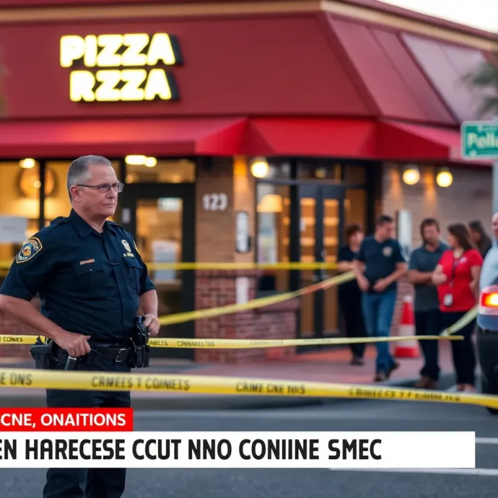Police investigating an armed robbery scene at a Little Caesars restaurant.