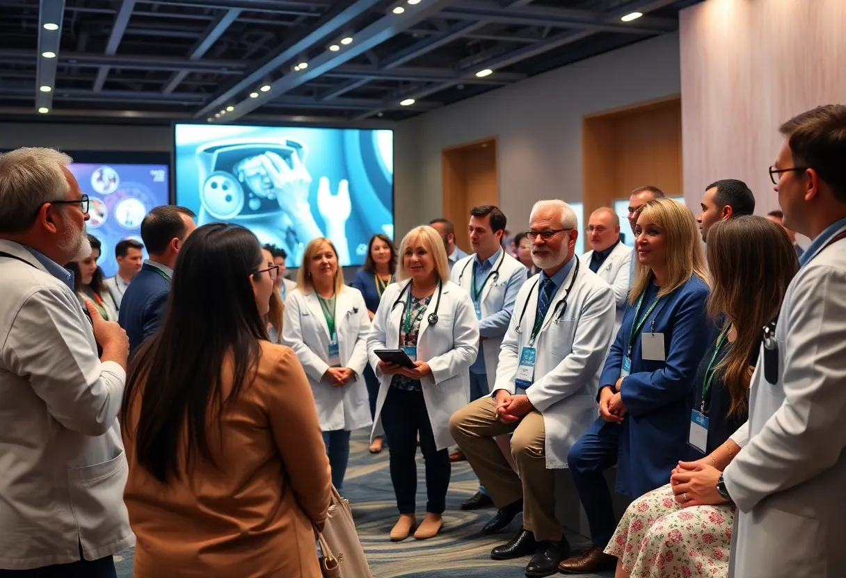 Healthcare professionals at ASCO Conference discussing cancer treatment advances.