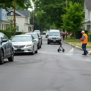 Workers cleaning up asphalt sealant spill in residential area