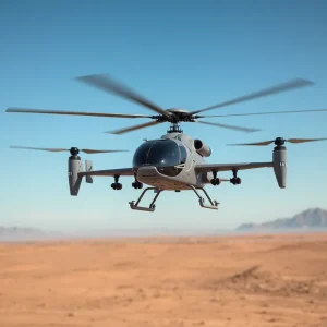 Autonomous military helicopter in flight over desert landscape
