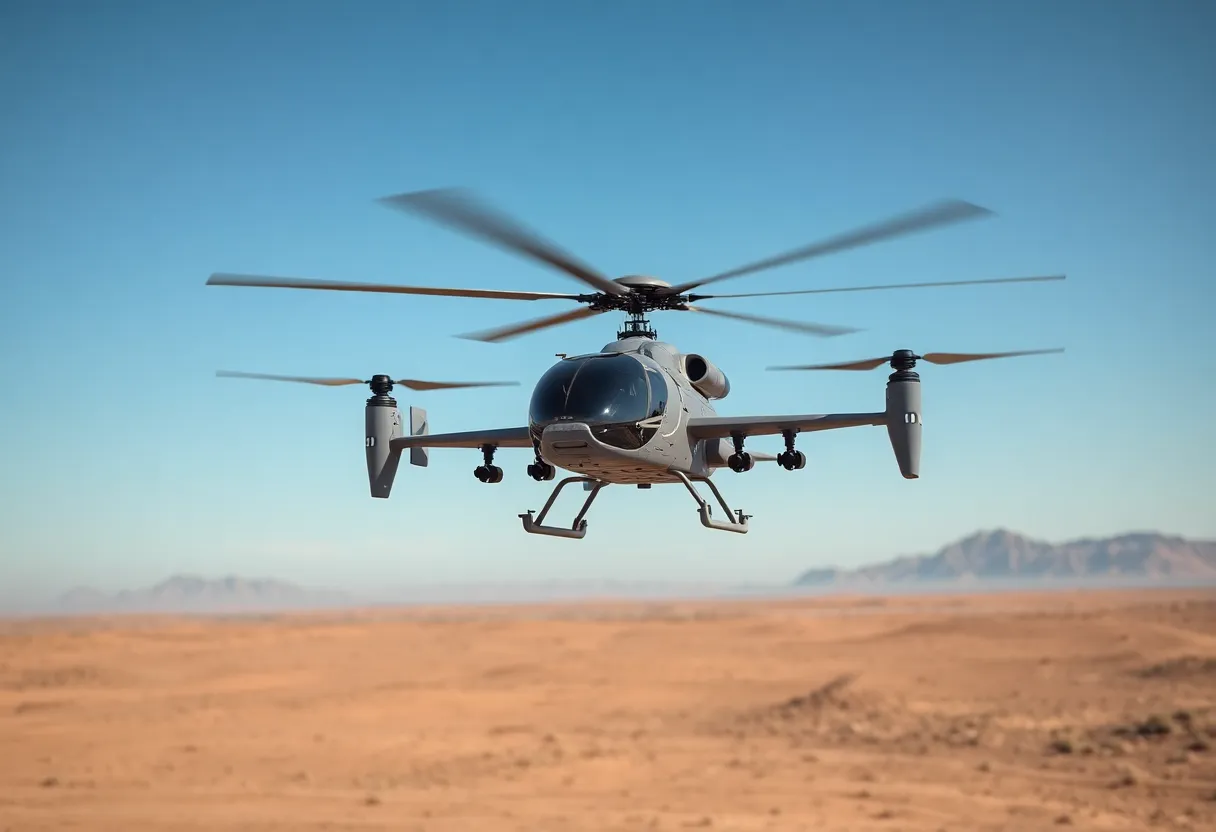 Autonomous military helicopter in flight over desert landscape