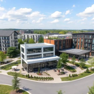 Render of a mixed-use development with residential units and commercial spaces