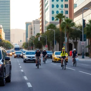 Bicyclists navigating busy city streets in Phoenix