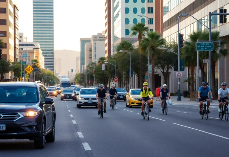Bicyclists navigating busy city streets in Phoenix