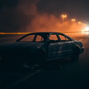 A burned car on the roadside as part of a crime investigation.