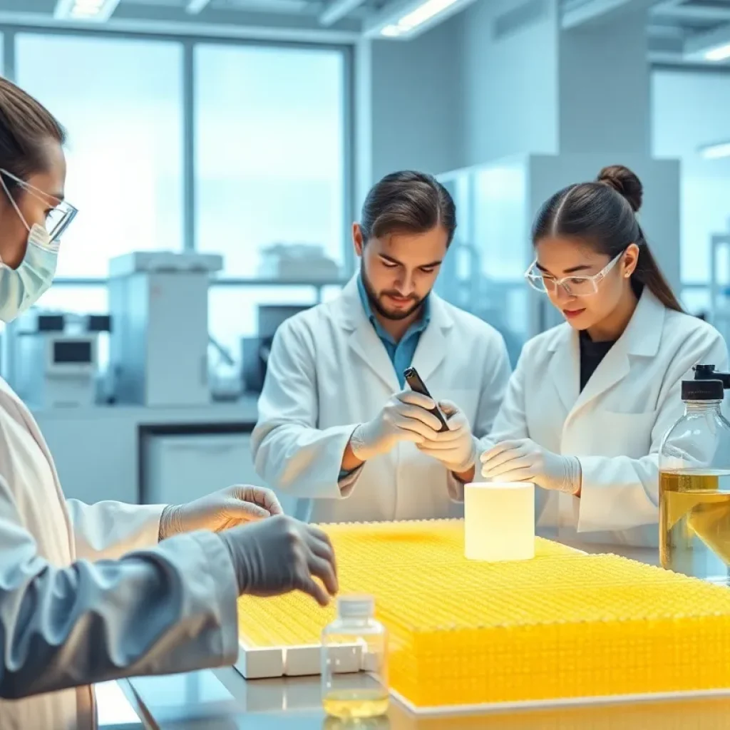 Researchers collaborating on semiconductor material development at a lab.