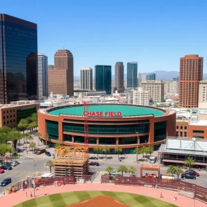 Downtown Phoenix with Chase Field; community discussions for renovation plans.