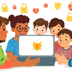 Illustration of children learning about online safety principles.