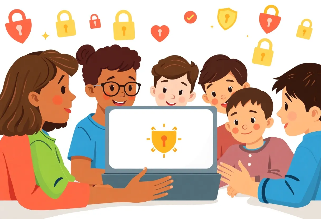 Illustration of children learning about online safety principles.