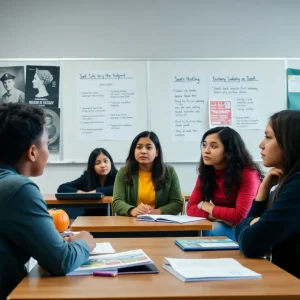 Students in a classroom discussing historical topics with open dialogue.
