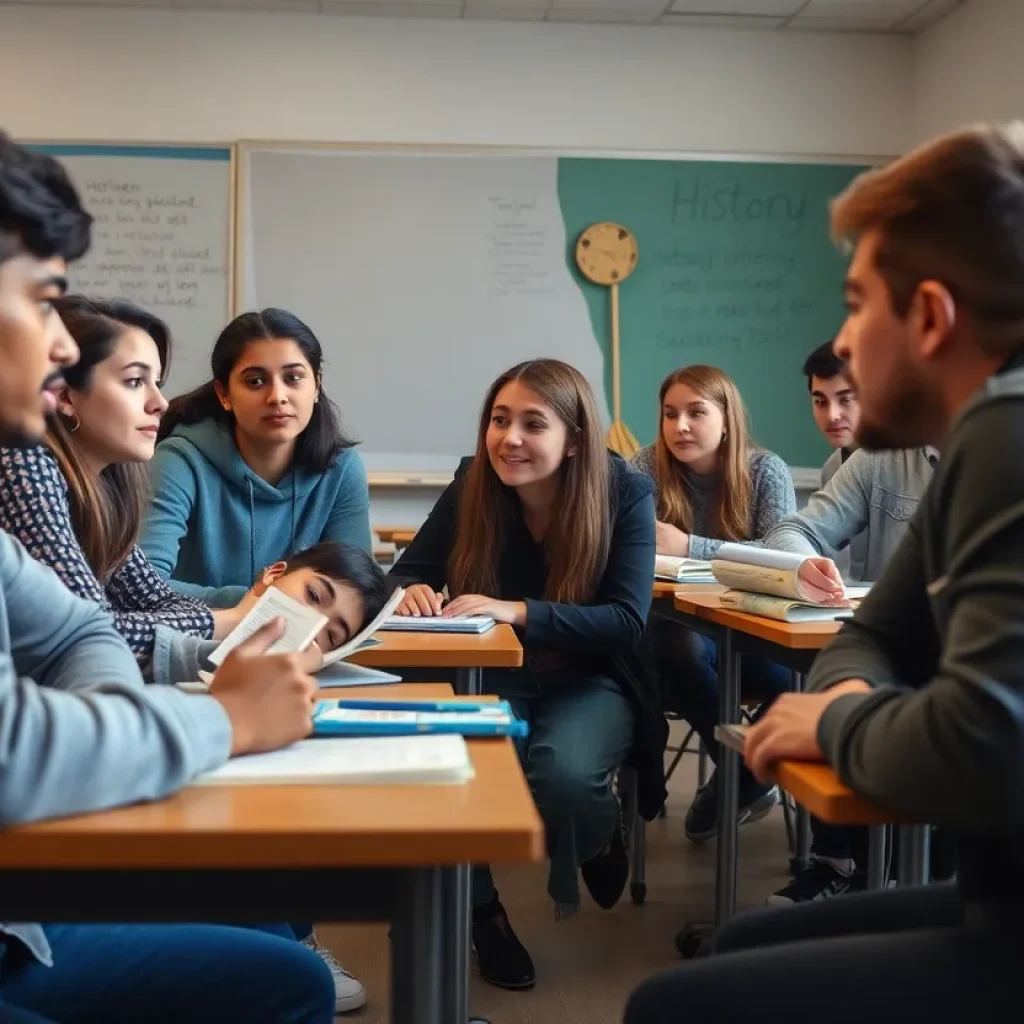 Students engaged in a classroom discussion about antisemitism and tolerance.