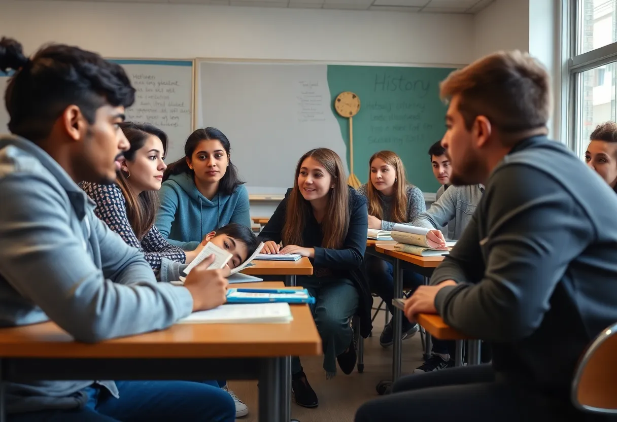 Students engaged in a classroom discussion about antisemitism and tolerance.