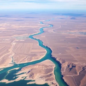 Aerial view of the Colorado River basin with visible areas of dry land and agricultural fields