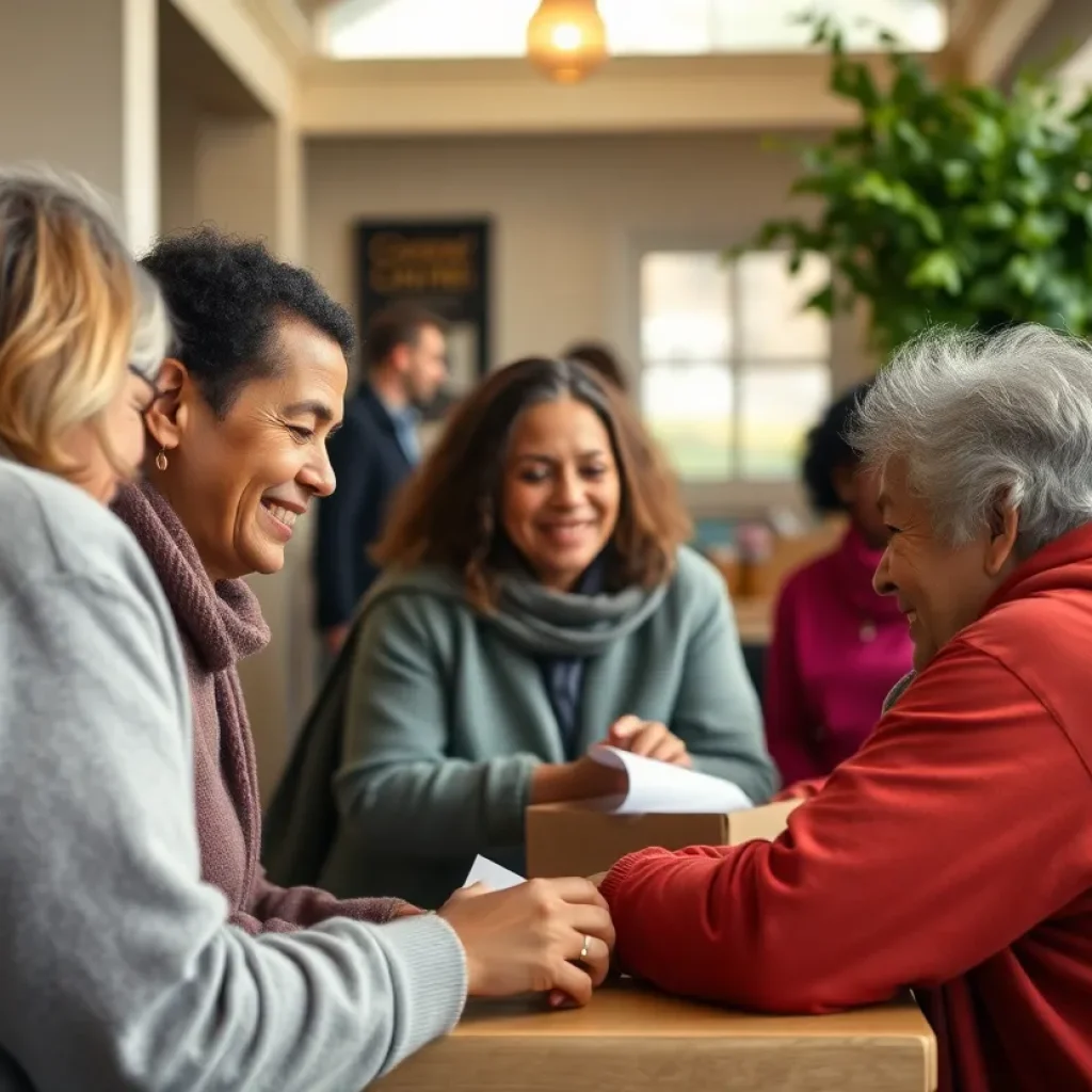 Volunteers providing support and services to individuals experiencing homelessness in a community setting.