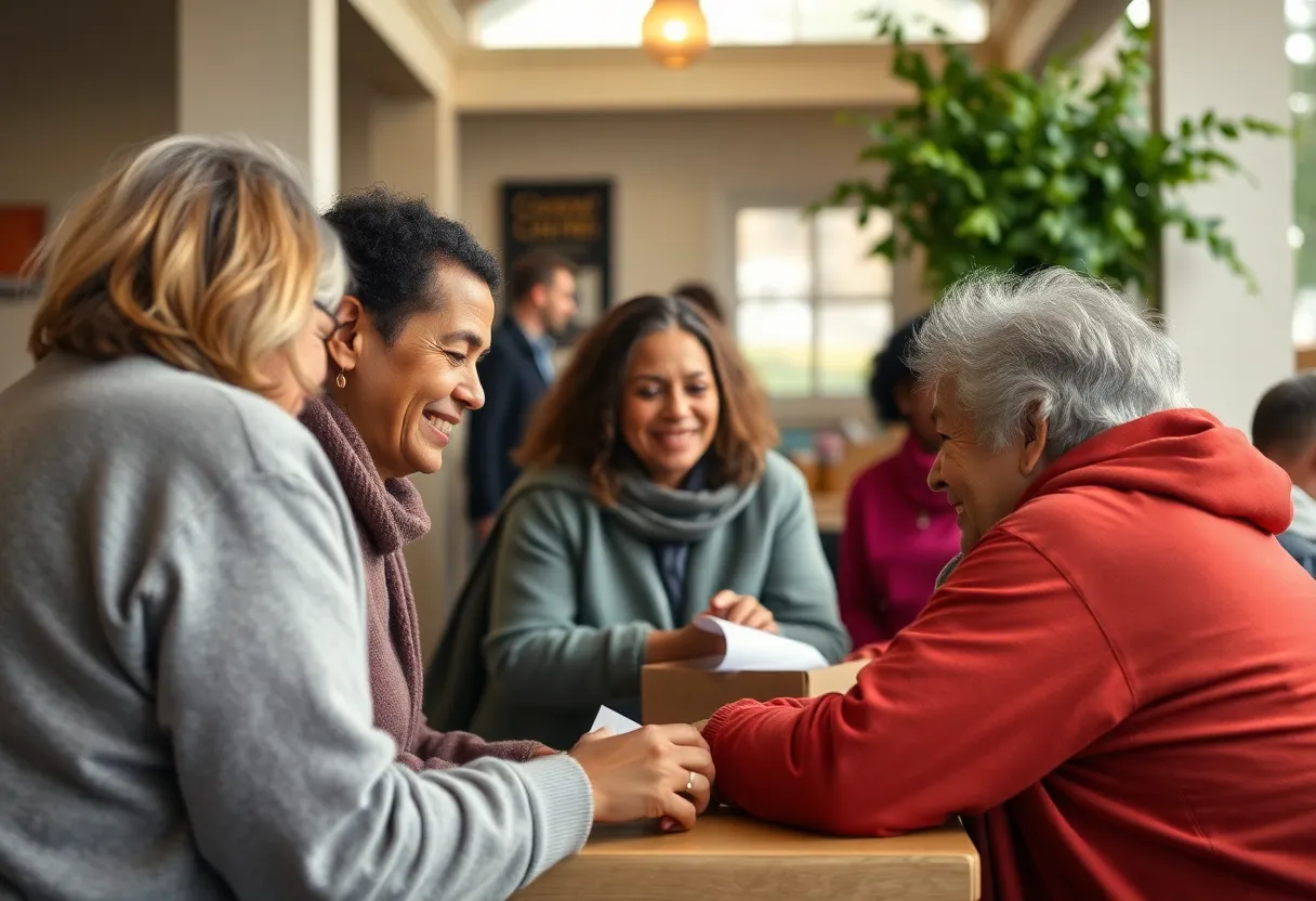 Volunteers providing support and services to individuals experiencing homelessness in a community setting.