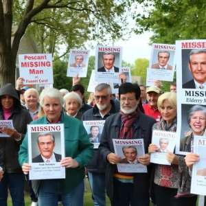 A group of people searching for a missing man in a community setting.