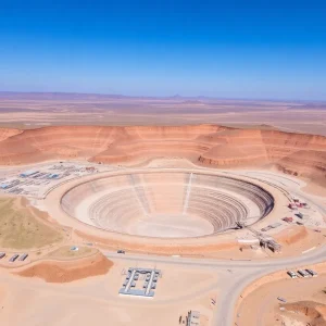 Aerial view of a copper mining site with open-pit operations.