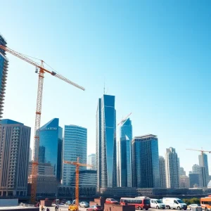 Hotel construction in Dallas with cranes and new buildings