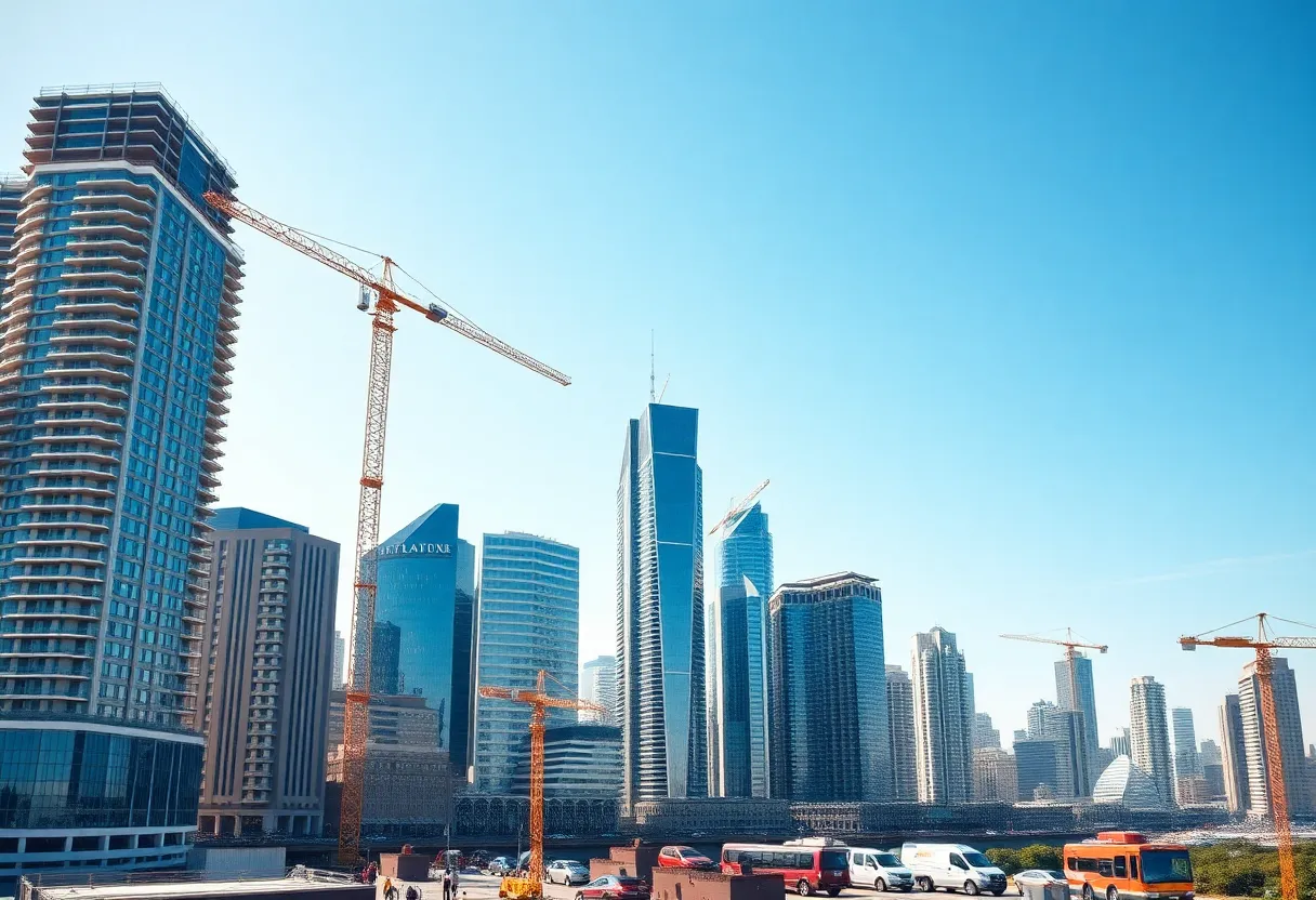 Hotel construction in Dallas with cranes and new buildings