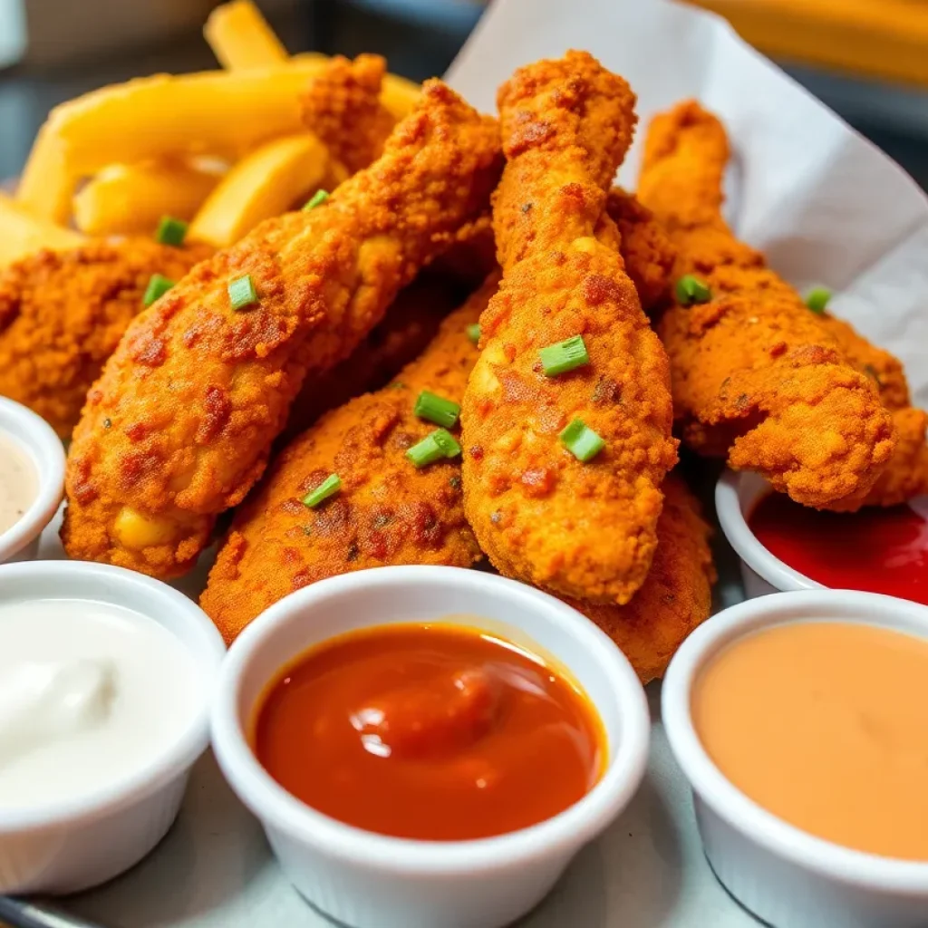 Delicious spicy chicken tenders with dipping sauces