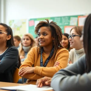 Students discussing history in a diverse classroom