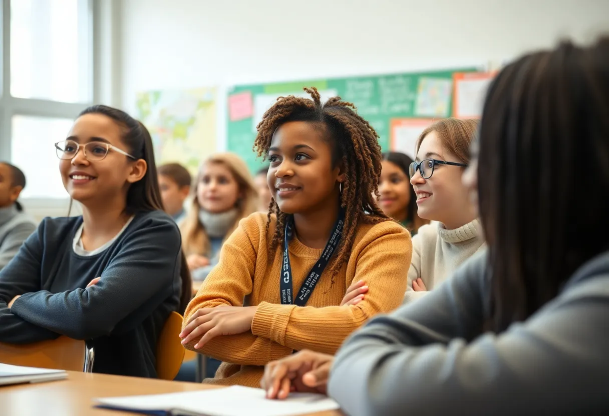 Students discussing history in a diverse classroom